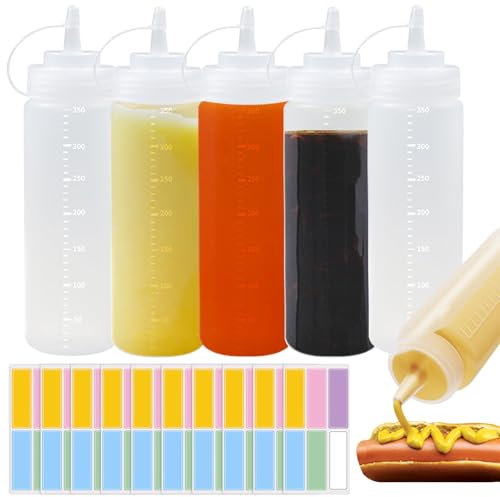 Hshenjhu 5 pcs 360ml Bouteille Sauce, Bouteille à Condiments sans BPA, Flacon Souple en Plastique avec Bouchon, Transparent Bouteille à Condiments et à Sauces pour Ketchup, Moutarde, Huile Dolive