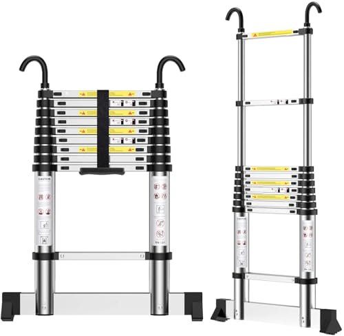 EOXCIIU Telescopic Ladder 2.9m, Aluminium Extendable Ladder with Hooks and stabiliser, Height Adjustment, Convenience for Home, Attic Access, etc.