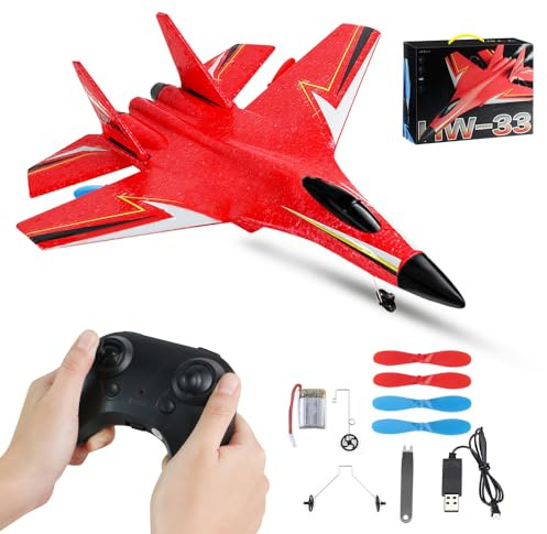 LUFEIS Avión de Control Remoto, Avión RC, Avións Teledirigido, Avións F-22 RC, 2,4 GHz 3 Canales, Avione Teledirigido para Adultos y Niños con Mando a Distancia (Rojo)