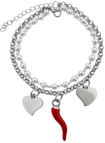 DEIMODRA - Bracciale Cornetto Portafortuna Donna in Acciaio | Braccialetto doppia Catena di Perline con Ciondolo Corno Rosso e Cuori | Simbolo Porta Buona Fortuna | Color Argento