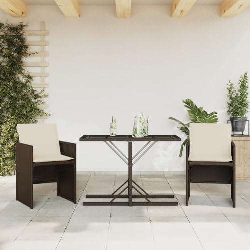 Tonture Ensemble de bistro 3 pièces avec coussins, marron en polyrotin résistant aux UV, 105 x 51 x 72 cm, table de jardin, chaises pliantes, pour extérieur, terrasse, balcon, patio