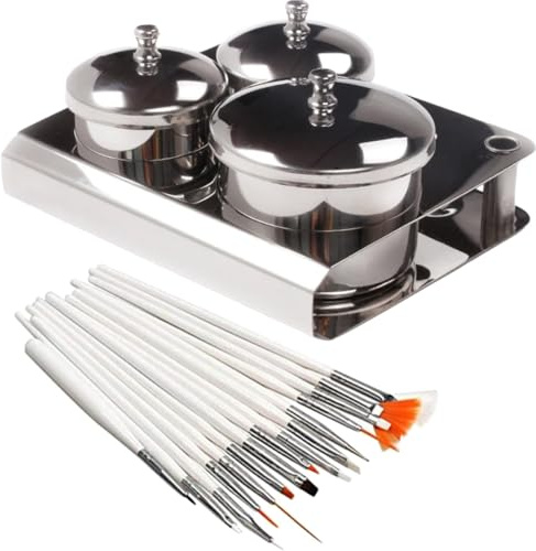 TOPPERFUN Set de 18 Pièces pour Nail Art Comprenant 3 Pots en Acier Inoxydable Couvercles et 15 Pinceaux de Manucure, Accessoires de Mélange et Rangement pour Poudre, Liquide et Décoration