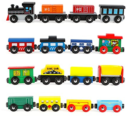 Wondertoys Wooden Train Set 16 PCS Train Toys Magnetic Set Includes Storage Bag - Wooden Track Accessories - Wooden Magnetic Car Set for Toddlers Kids Boys and Girls