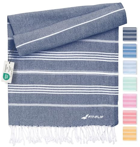 Fit-Flip Hamamtuch aus 100% Baumwolle – saugfähig und schnelltrocknend – türkisches Saunatuch, Strandtuch, Duschtuch, Badetuch, Yogatuch – Navy – 100x200cm Sultan