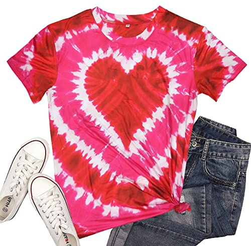 Women Tie Dye Heart Graphic T Shirt Valentines Lover Short Sleeve Tops