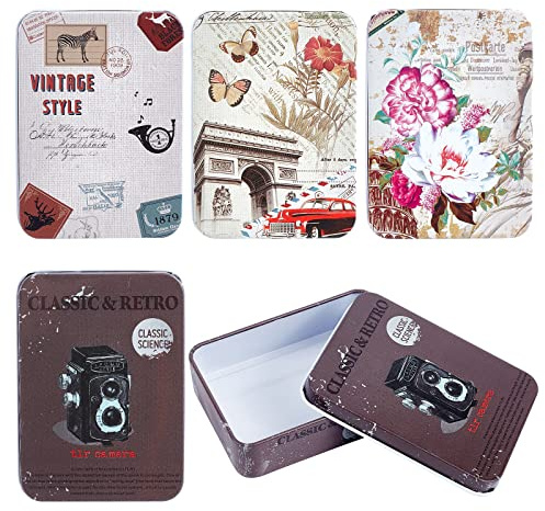 CREATCABIN 4Pcs Vintage Metal Tin Box Gift Card Holder Rectangular Tinplate Box Containers Christmas Small Wrap Boxes with Lids Hinged Storage Cans for Home Kitchen Candles Jewelry Coin Cake Biscuits