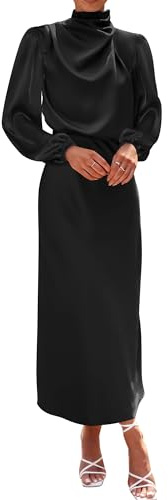 BTFBM Womens Mock Neck Satin Dress Summer 2026 Long Sleeve Lightweight Formal Wedding Party Maxi Spring Cocktail Dresses(Black, Medium)