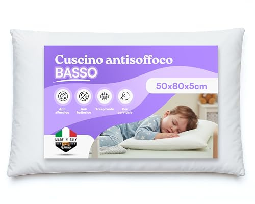 ER RELAX Cuscino Antisoffoco per Bambini BASSO 50x80 altezza 5cm per Letto Grande. Guanciale BASSO, Anallergico, Traspirante, Rivestito con Fodera 100% Cotone. Made in Italy (1)