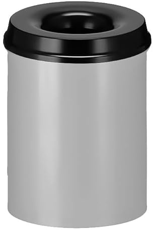 PROREGAL Selbstlöschender Papierkorb & Abfallsammler aus Metall | 15 Liter, HxØ 36x26cm | Alu-Grau, Kopfteil Schwarz