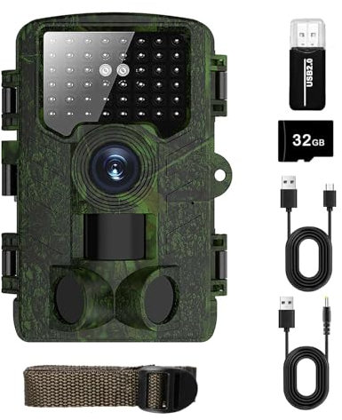 Deerthere Caméra de Chasse 4K HD Caméra de Vision Nocturne Infrarouge avec Capteur de Mouvement Animaux Camera Piege Photographique avec Carte SD 32GB, pour la Surveillance de la Faune en extérieur