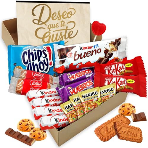 Scatola Regalo Originale con 17 Cioccolatini Kinder Bueno, Kinder Cards, Kinder Chocolate, Twix, Mars, Kit Kat, Huesitos, Biscotto Lotus Biscoff e Molto Altro · Con Cartolina Personalizzabile