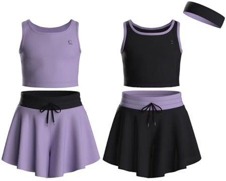 Essenclo Flowy Girls Butterfly Shorts Skirts w/Pockets & Athletic Sleeveless Tank Tops, Dance Tennis Cheer Running (5pc Set) - E2106 - Set-1-7-8