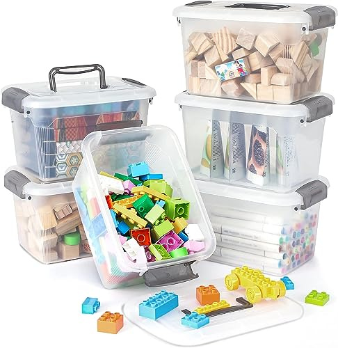 Citylife Juego de 6 cajas de almacenamiento de 5L con asa y tapa, pequeñas, apilables, cajas de plástico transparentes y elásticas, robustas para manualidades, 27.8 x 19.5 x 16.4 cm