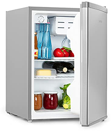 Klarstein Cool Kid - Getränkekühlschrank, Mini-Kühlschrank, Mini-Bar, 66 Liter Volumen, 109 kWh/Jahr, freistehend, 45 x 63 x 51 cm (BxHxT), 42db, grau/Edelstahl gebürstet