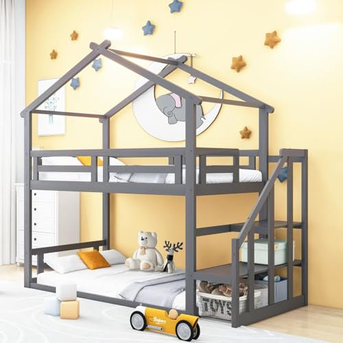 Sweiko Lit Enfant 90 * 200 cm,Cadre de lit pour Enfants Lit superposé Bas avec échelle de sécurité en Bois Massif avec sommier à Lattes(Matelas Non Inclus) Gray