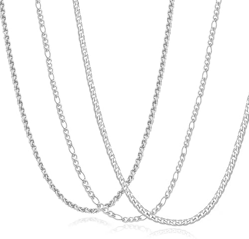 JEMARA Mens Silver Chain Necklace Stainless Steel Chain Necklace | 3MM Thin Cuban Link Chain/Figaro Chain Sets Mens Jewelry Gifts(18/20/22 inches)