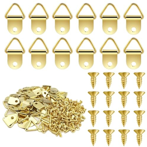 GmwyCzV 150 Pièces Crochet pour Cadre, Anneaux Triangulaires Cadre Photo Suspendus Crochets, avec 100 Pièces Vis, Crochet Tableau pour les Cadres Photo, Suspension de Décorations de Meubles (Doré)