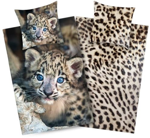 Aminata kids leoparden sängkläder 135 x 200 – vändbara sängkläder i mikrofiber, flickor och pojkar – djurmotiv, sängkläder set – strykfria – fördelaktigt för allergiker
