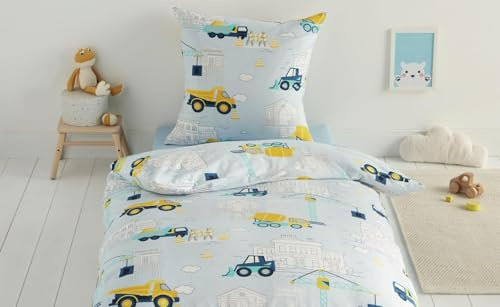 Maple Threads Children's 100% Brushed Cotton Single Duvet Cover Set, Consutruction Vehicles, Unicorns, Cars and Owls Designs (Construction)