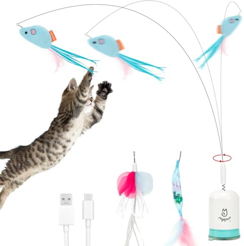 Migipaws Interactive Automatic Cat Teaser Wand Toy with Strong Suction Cup, 70cm Flexible Wire & DIY Bending Design, Rechargeable Cat Exercise Toy with Auto Timer for Indoor Cats