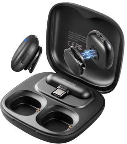 Depusheng V2 2 microfoni lavalier wireless per iPhone, iPad e Android con custodia di ricarica, 8 ore di autonomia, microfono a scatto per registrazioni video, vlogging, YouTube, interviste, 3