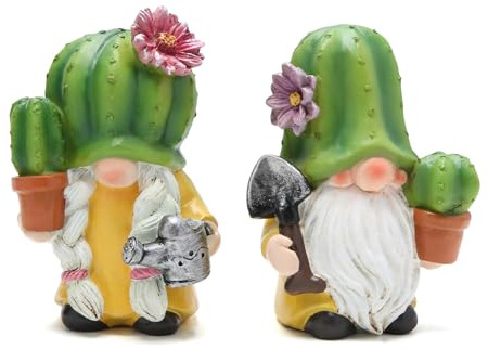 ZAWUU Cactus Gonk Gnomes Set of 2 – Resin Garden Gnome Figurines with Cactus Hats, Cute Plant-Themed Desk & Shelf Ornaments for Indoor & Outdoor Décor – Gift for Plant Lovers