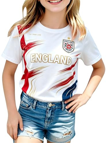 2026 Kids Girls Football England 2026 T-Shirt Casual Classic Jersey England Flag Design Perfect Short Sleeve Crew Neck Sport Tops for Football Fans Comfortable Fit