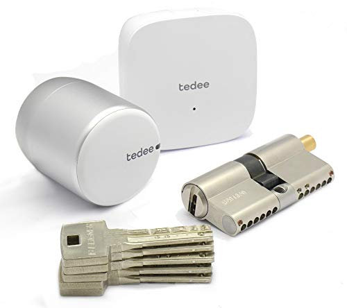 tedee Set - elektronisches Türschloss mit ABUS Bravus.2500 MX Hochsicherheits-Zylinder 60/40K inkl. 5 Schlüssel | tedee WLAN-Bridge | Bluetooth-Steuerung | iPhone & Android | Smart Home | Silber