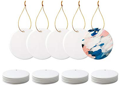 PYD Life 25 PCS Sublimation Blanks Ornament Ceramic White 2.75 Round | Double-sided Printable Christmas Ornaments with Gold String for Home Tree DIY Decor Bulk, for Heat Transfer Printing