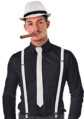 Balinco MAFIA KOSTÜM SET, 20er Jahre Accessoires, Karneval Outfit Herren, Weiß, Zigarre, Zylinder Hut, Krawatte, Hosenträger, Fasching, Fastnacht, Party, Silvester Outfit