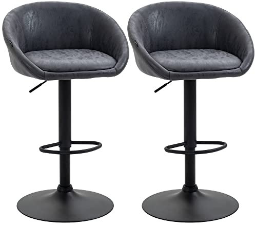 HOMCOM 2er-Set Barhocker, Barstuhl mit Armlehne, Rücken, höhenverstellbarer Tresenhocker im Kunstleder-Optik, Drehstuhl mit Fußstütze für Küche, Esszimmer, Grau, 57 x 50 x 84-104 cm
