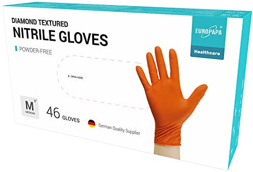 EUROPAPA DiamantGrip Diamant Lot de 46 gants jetables extra épais en nitrile Noir et orange Perfect Grip Gants de protection sans poudre Gants de travail sans latex (Orange, M)