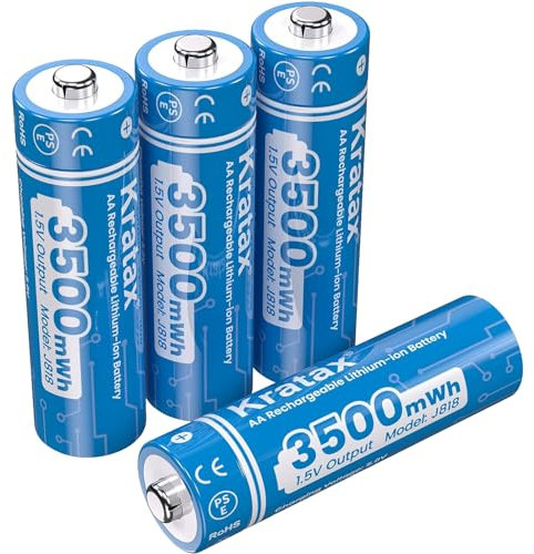 Kratax 1.5V AA Rechargeable Lithium Batteries,3500mWh High Capacity Double AA Li-ion Battery,1600Cycles,Coustant Output for Blink camera,Smart Locks,etc. (4*AA Batteries)