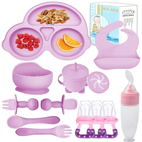 Silicone Baby Feeding Set,Miicasa Baby Led Weaning Supplies Kit With Suction Bowl & Car Plate, Bib, Spoon, Fork, Cup - Food-Grade Silicone, Dishwasher-Safe, No BPAs - For 3+ Months