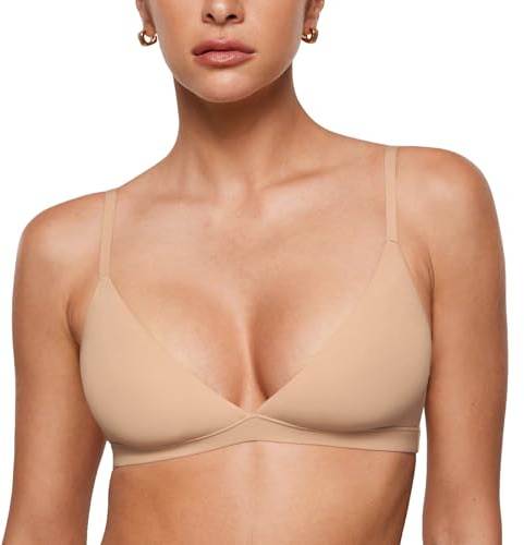 INLYRIC Women's Inbarely Triangle Bralette Plunge Unlined Seamless Bra Wireless Soft Comfort Bras Warm Beige M