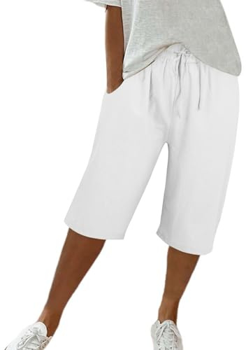 Short d'été décontracté en Coton et Lin avec Cordon de Serrage à la Taille et Poches pour Femme - Short de randonnée - Longueur Genou - Vêtement de détente Taille Haute - Pantacourt