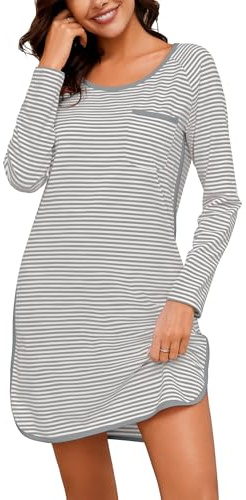 Namatime Camisón para Mujer, Manga Larga, algodón, Cuello Redondo, Rayas, camisón hasta la Rodilla, Ropa de Dormir, Gris + Blanco., XXL
