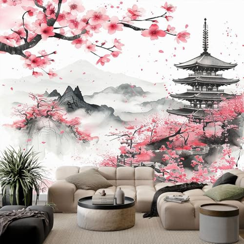 Papier Peint Panoramique Intissé Paysage Japonais - Sakura, Montagne et Pagode - Fresque Murale Zen pour Salon, Chambre, Tête de lit - Décoration Murale XXL 350x256 cm