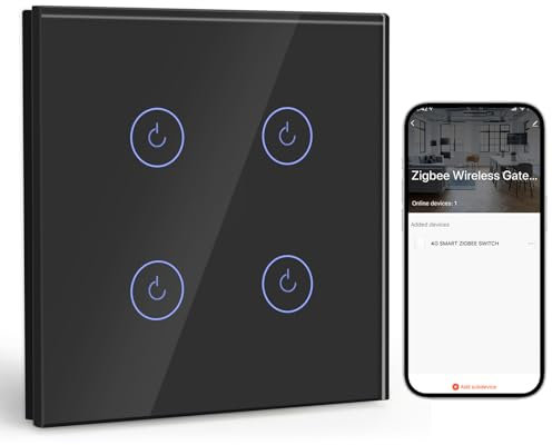 BSEED Smart ZigBee Interruttore 4 Gang 1 Via, Interruttore a Parete Intelligente con Alexa e Google Home, Interruttore da Incasso (Linea Neutra, Gateway Hub Necessario) Nero