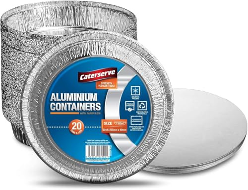 Jicyor Cuencos de aluminio, 30 unidades, 20 cm, redondos, con tapa, bandejas de goteo desechables, grandes bandejas de parrilla de alto rendimiento para hornear, cocinar, congelar, almacenar, tartas,