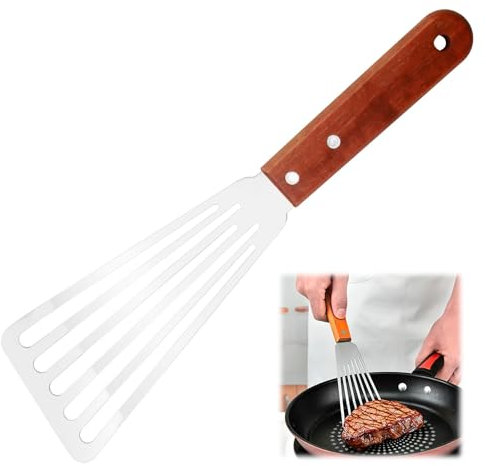 Spatule Ajourée en Acier Inoxydable avec Bords Biseautés, pour Retourner Facilement Poisson, Œufs, Crêpes, et Plus, Manche en Bois Massif Résistant à la Chaleur
