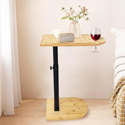 Beistelltisch C Form Bambus Metall Höhenverstellbar, Tisch Klein Side Table Kaffeetisch Betttisch Sofatisch Couchtisch Nachttisch Laptoptisch Pflegetisch für Wohnzimmer Schlafzimmer Badezimmer Stil C