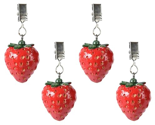 Decoris Juego de 4 pesos para mantel de fresa, 16 x 5 x 4 cm, de cerámica, para exteriores, con pinzas de metal, pesos para ponderar con clip, color rojo y verde