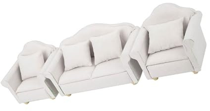 Pssopp Mini Ensemble de Canapés de Maison de Poupée, Bois et Tissu Faits à la Main, Meubles de Salon de Charme, Parfaits pour la Salle de Jeux pour Enfants ou la Décoration de Maison de Poupée (WHITE)