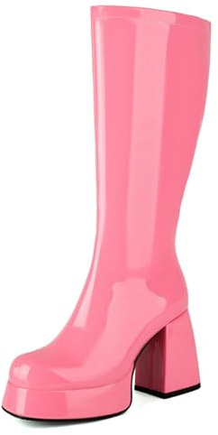 MiaZane Stivali Retro Donna con Plateau Pelle Verniciata al Ginocchio Tacco Basso Chiusura Laterale con Cerniera Stile Go Go Anni 70 Disco Festa Vintage,Rosa,41 EU