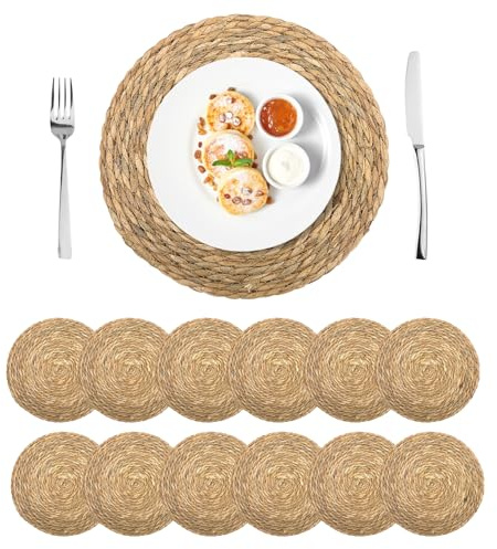 Set of 12 Round Woven Placemats, 30cm Natural Wicker Table Mats | Handmade, Heat Resistant & Non-Slip, Boho Rustic Style, for Dining Table, Wedding, Party, Home, Christmas, Easter