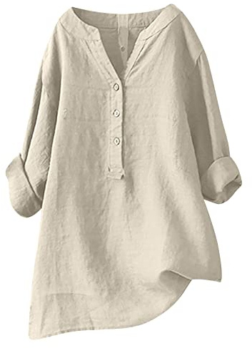 Chemise Lin Femme Grande Taille Chemisier Coton Et Lin pour Femmes Col en V Bouton Manches Longues Top Tunique Couleur Unie Lâche Respirant T-Shirts Été Blouse Femme Chic Et Élégant