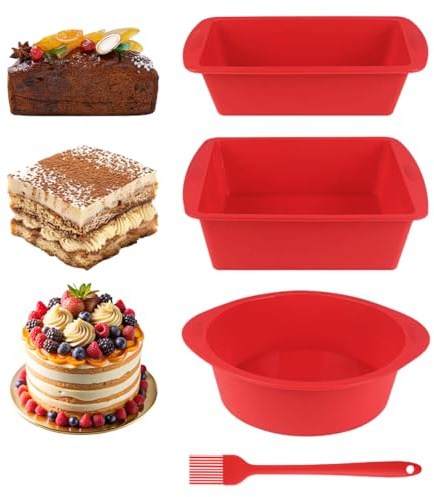 3 stycken olika former röd silikon bakformsset, röd, kvadratisk/rund