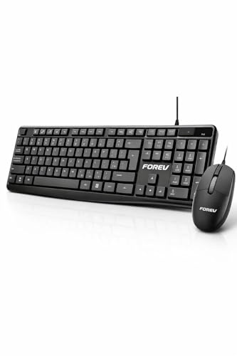 Pack de Teclado y Raton con Cable de 1.3m, Conexión USB. Teclas y Botones del ratón silenciosos. Raton con Luz. Windows, Mac, PC.Negro. Ver Caracteristicas Especiales.