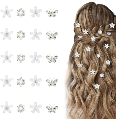 MIRKUZI Pinzas para el cabello, 20 mini pinzas para el cabello blancas con forma de flor y diamantes de imitación, pequeñas pinzas metálicas para novias, accesorios para el cabello